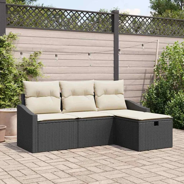 Ensemble de Canapés avec coussin 4 pcs Noir polyrotin