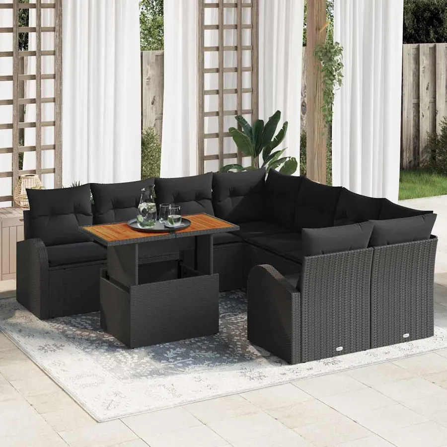 Ensemble de canapé de jardin 9 pcs Noir Poly rotin