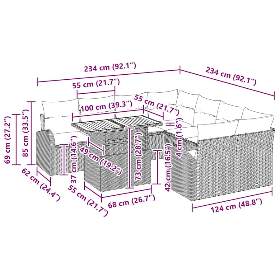 Ensemble de canapé de jardin 9 pcs Noir Poly rotin - 15