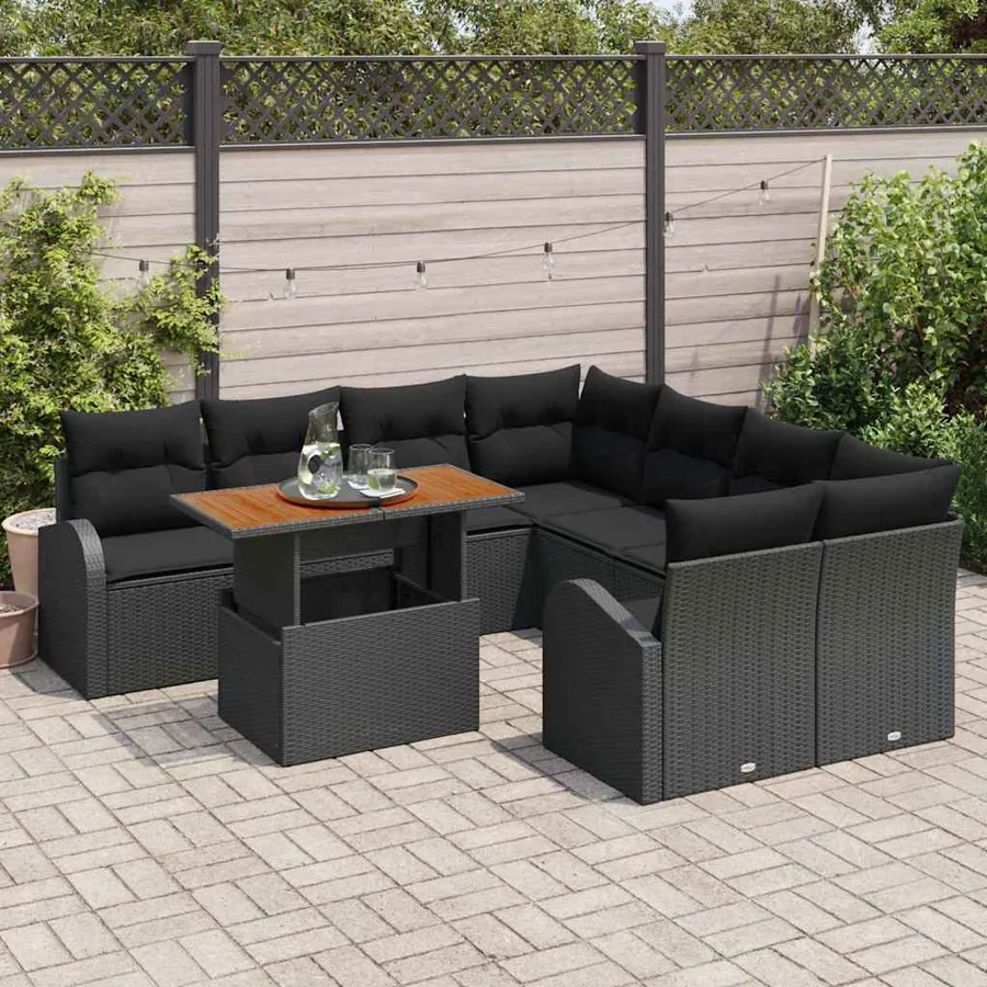 Ensemble de canapé de jardin 9 pcs Noir Poly rotin - 3