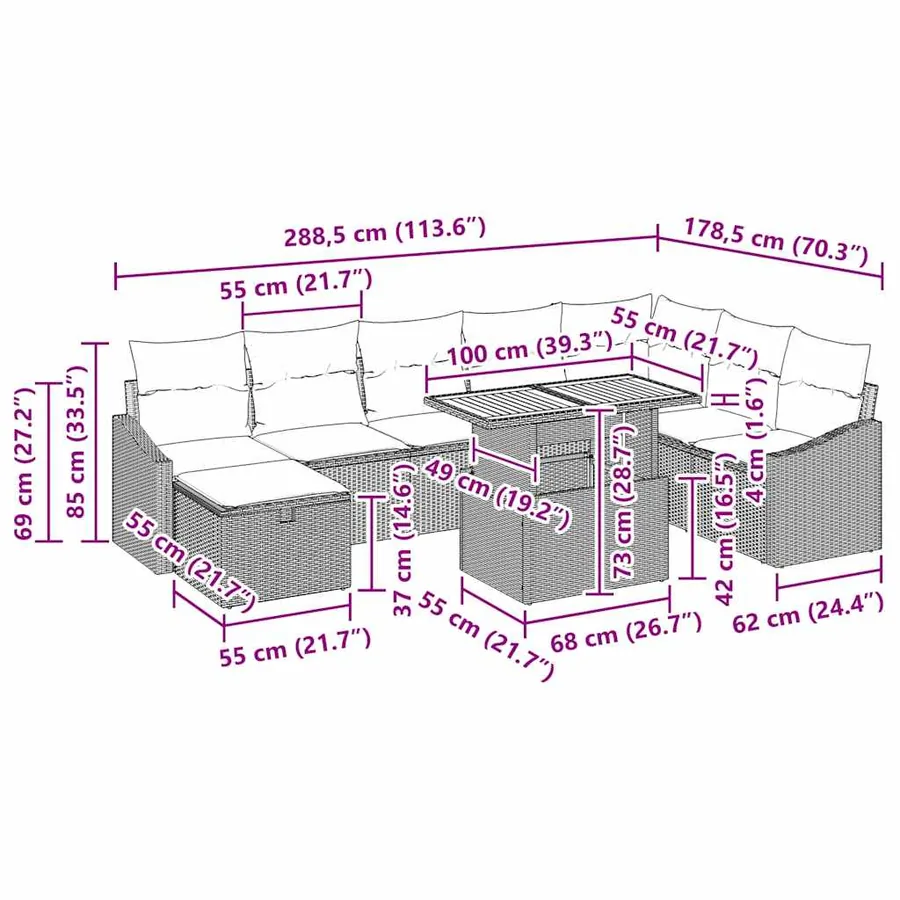Ensemble de canapé de jardin avec coussin 9 pcs Gris polyrotin - 13