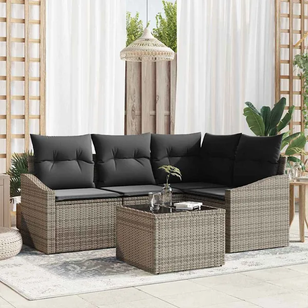Ensemble de Canapés avec coussin 5 pcs Gris polyrotin
