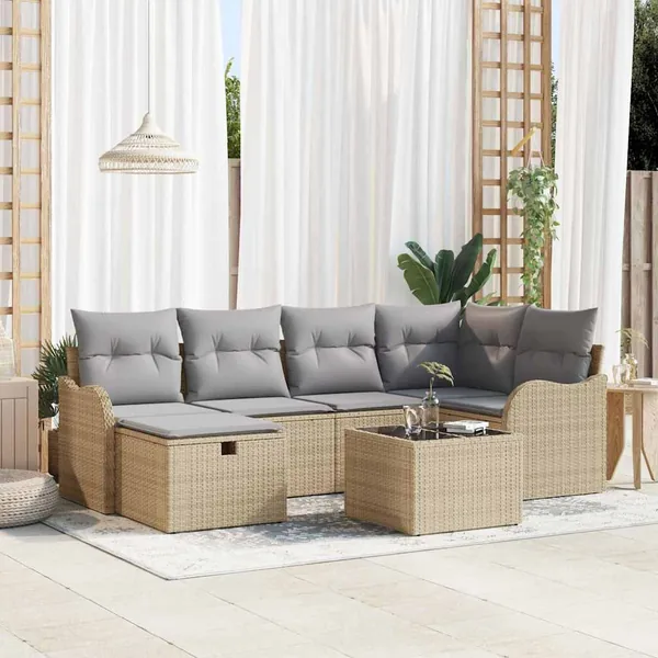 Ensemble de canapé de jardin 7 pcs Beige Poly rotin
