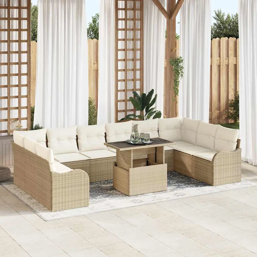 Ensemble de canapé de jardin 11 pcs Beige Poly Rattan