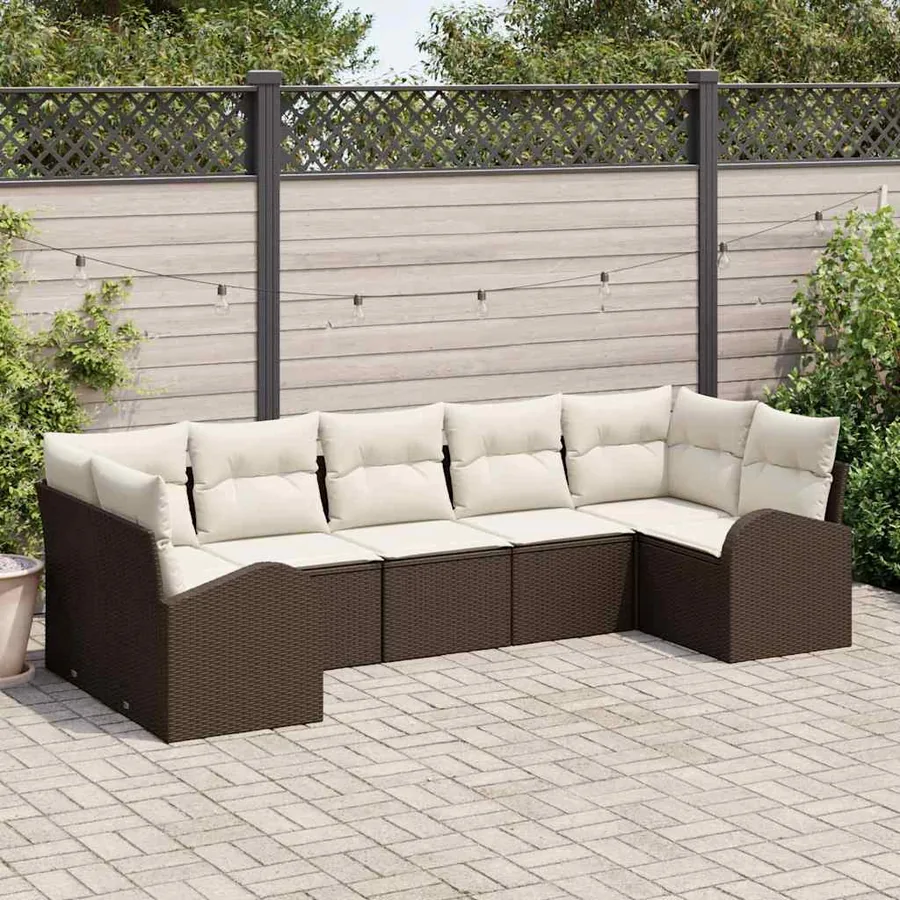 Ensemble de canapé de jardin 7 pcs Marron et blanc polyrotin