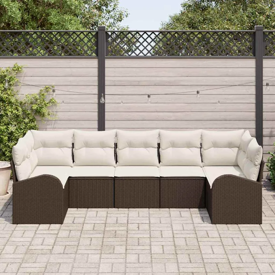 Ensemble de canapé de jardin 7 pcs Marron et blanc polyrotin - 3