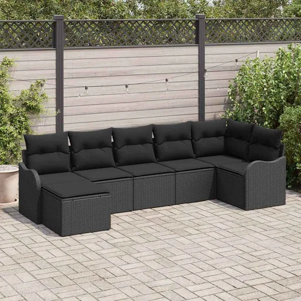 Ensemble de canapé de jardin avec coussin 7 pcs Noir Poly rotin