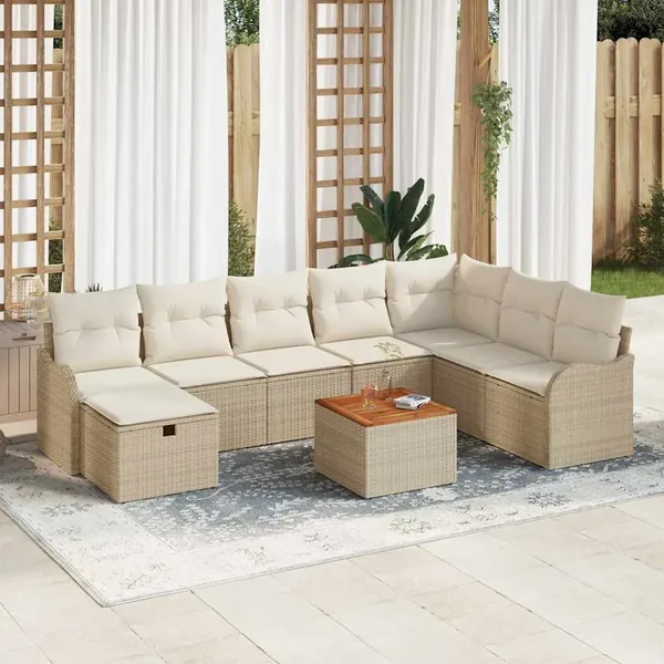Ensemble de canapé de jardin avec coussin 9 pcs Beige polyrotin