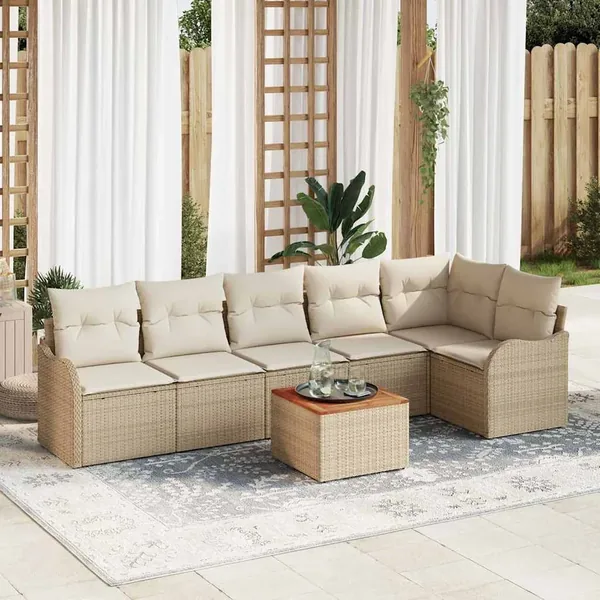 Ensemble de canapé de jardin avec coussin 7 pcs Beige polyrotin