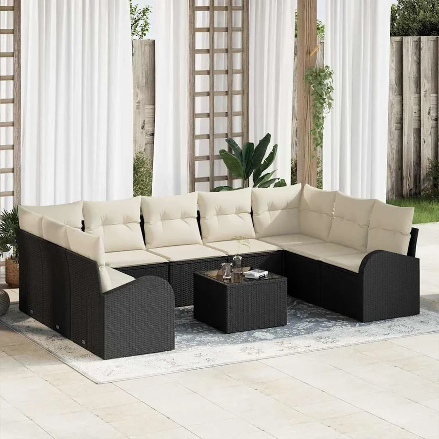 Ensemble de Canapés avec coussin 10 pcs Noir Poly Rattan