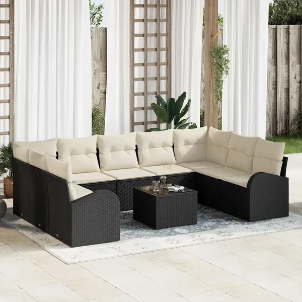Ensemble de Canapés avec coussin 10 pcs Noir Poly Rattan