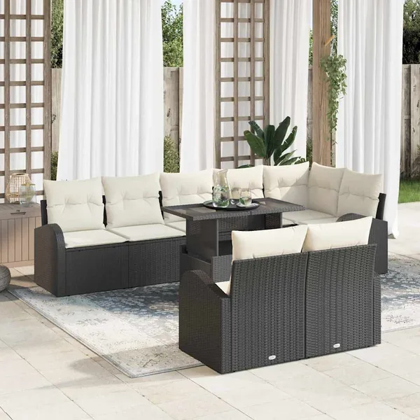 Ensemble de canapé de jardin 9 pcs Noir et Crème polyrotin