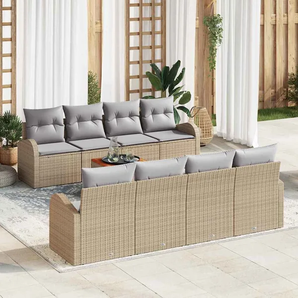 Ensemble de canapé de jardin avec coussin 9 pcs Beige polyrotin