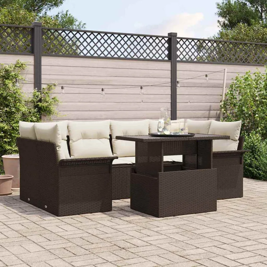 Ensemble de canapé de jardin 7 pcs Marron polyrotin