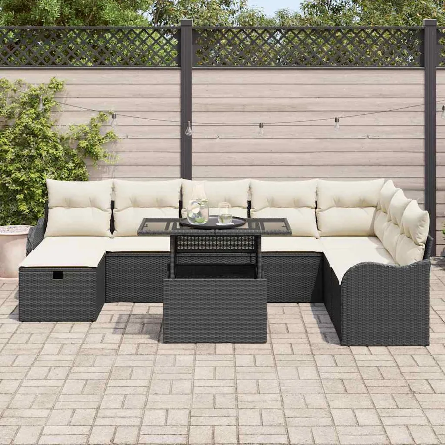 Ensemble de canapé de jardin avec coussin 9 pcs Noir Poly rotin - 3