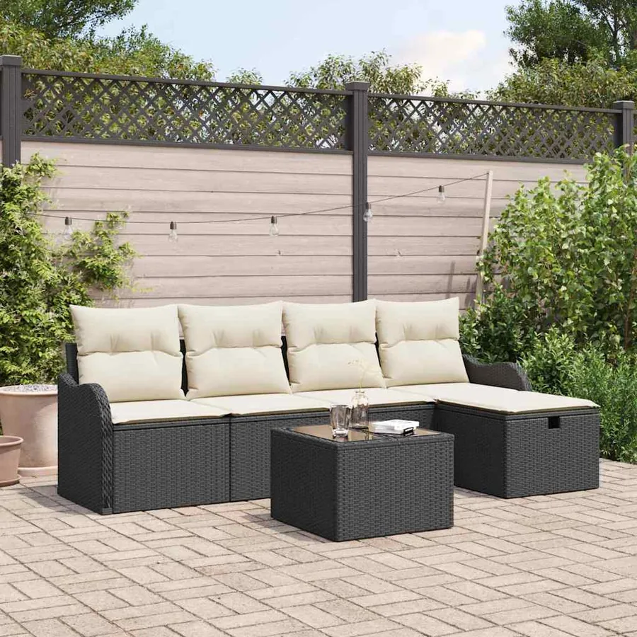 Ensemble de canapé de jardin avec coussin 6 pcs Noir Poly rotin