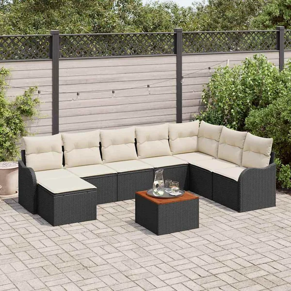 Ensemble de canapé de jardin 9 pcs Noir et Crème polyrotin