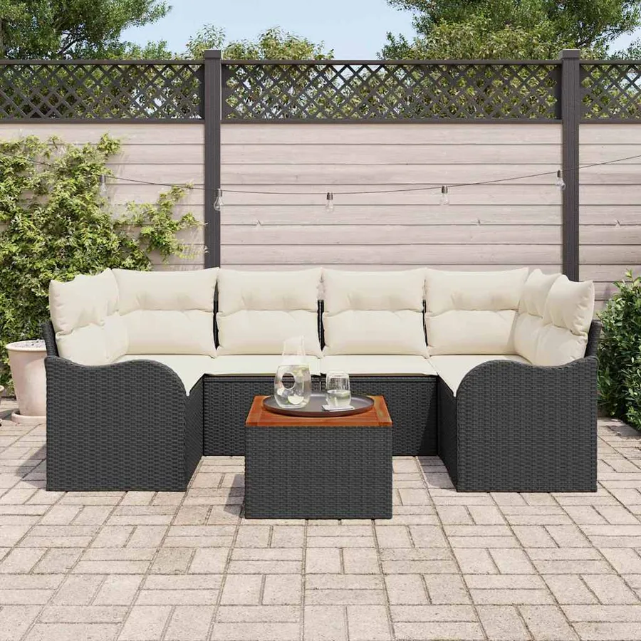 Ensemble de canapé de jardin 7 pcs Noir et Crème polyrotin - 3