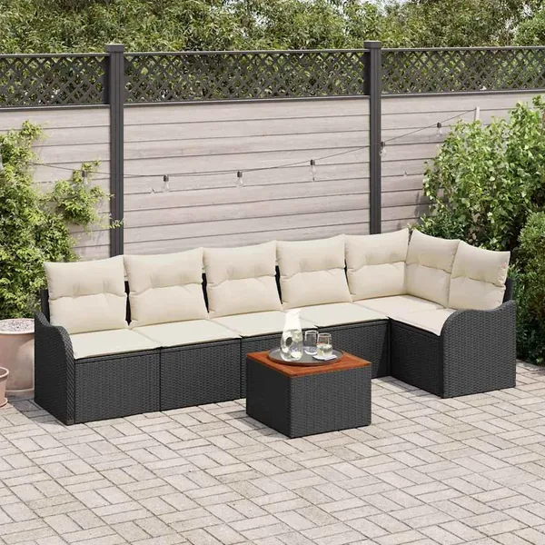 Ensemble de canapé de jardin 7 pcs Noir et Crème polyrotin