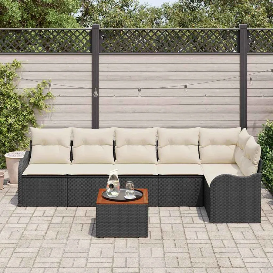 Ensemble de canapé de jardin 7 pcs Noir et Crème polyrotin - 3