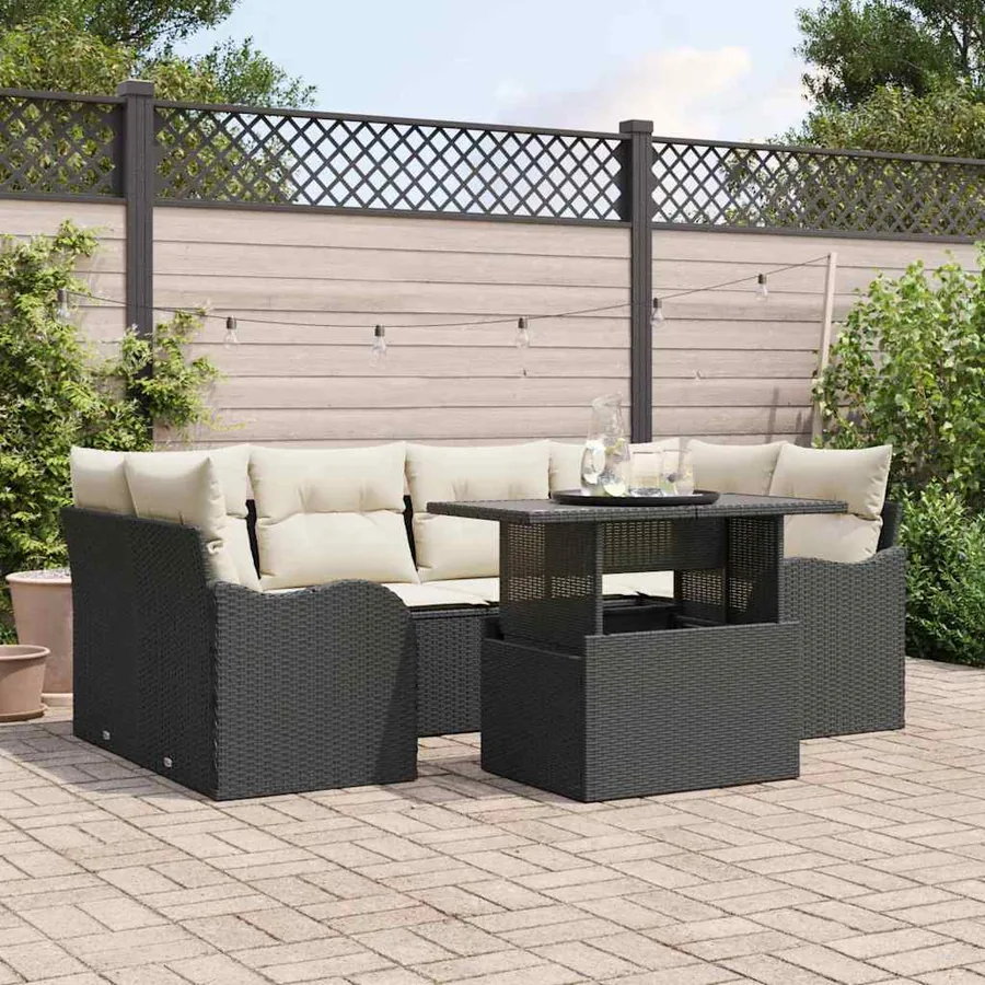 Ensemble de canapé de jardin 7 pcs Noir Poly Rattan