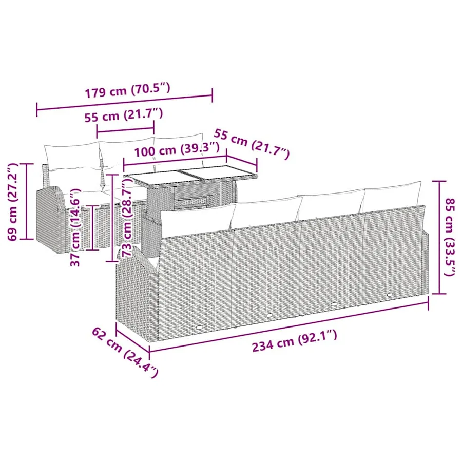 Ensemble de canapé de jardin 8 pcs Marron Poly rotin - 8