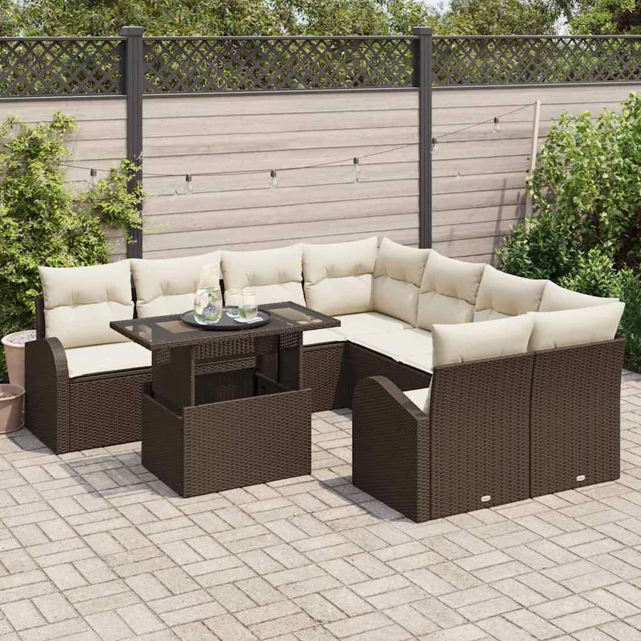 Ensemble de canapé de jardin 9 pcs Marron polyrotin - 3