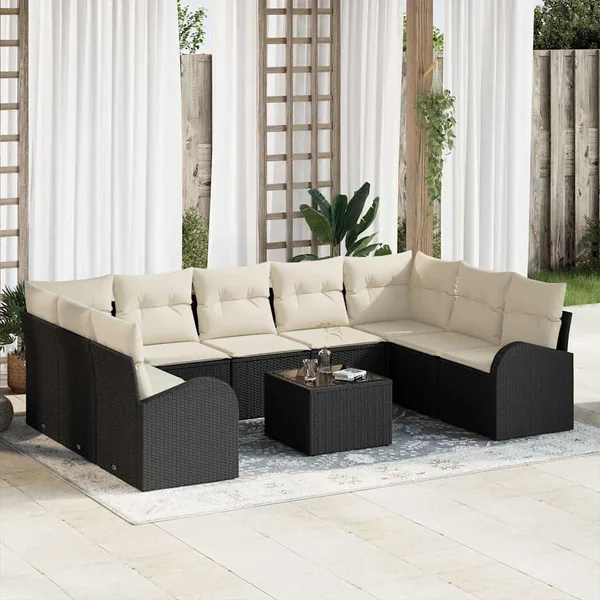 Ensemble de canapé de jardin 10 pcs Noir et Blanc polyrotin