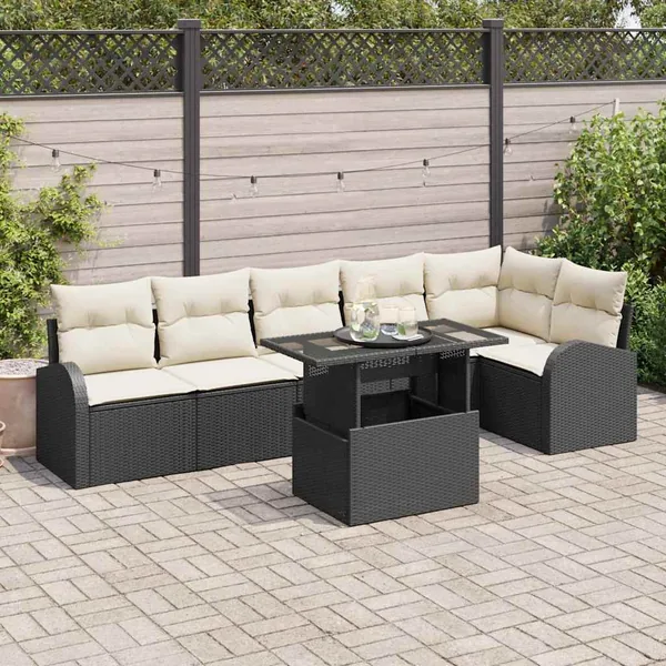 Ensemble de canapé de jardin avec coussin 7 pcs Noir Poly rotin