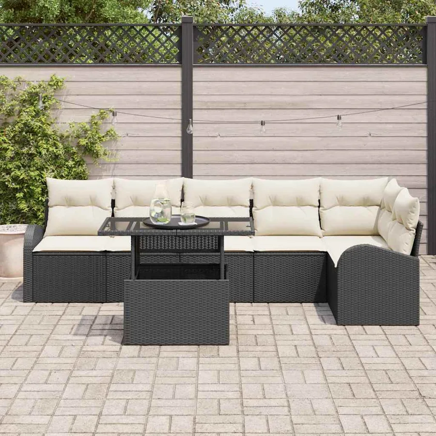 Ensemble de canapé de jardin avec coussin 7 pcs Noir Poly rotin - 3