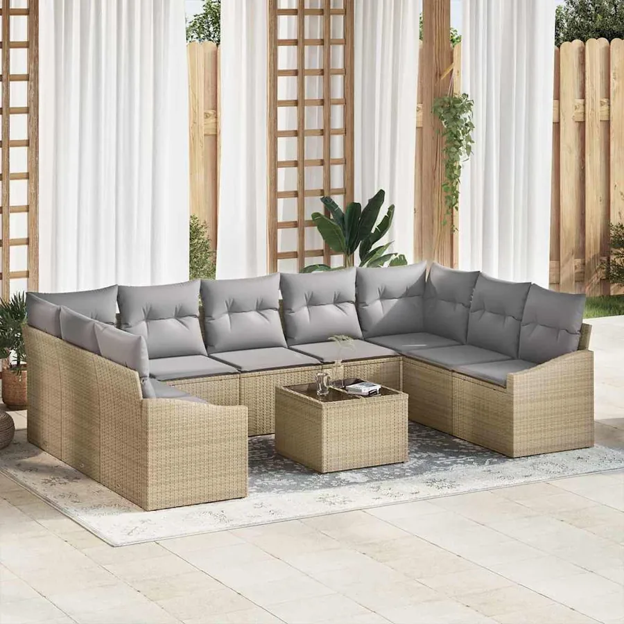 Ensemble de Canapés avec coussin 10 pcs Beige polyrotin