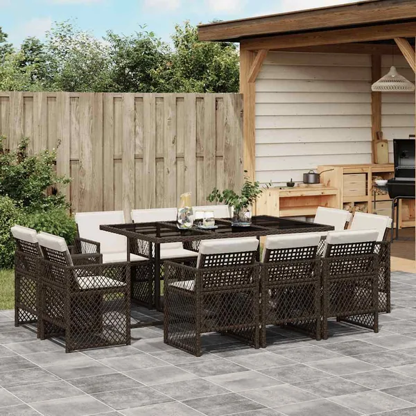 Ensemble à manger de jardin et coussins 11 pcs marron rotin