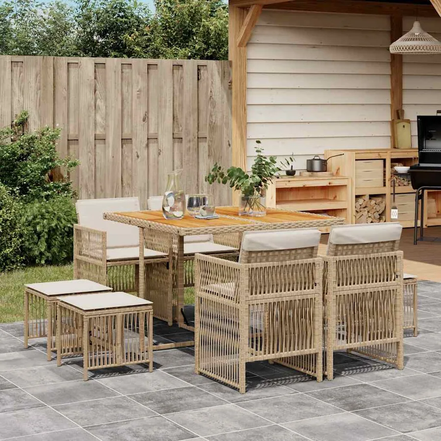 Ensemble à manger de jardin et coussins 9 pcs beige Poly rotin