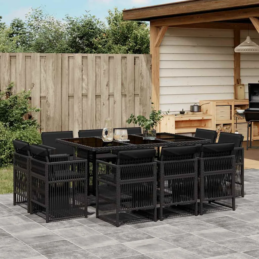 Ensemble à manger de jardin 11 pcs coussins noir résine tressée