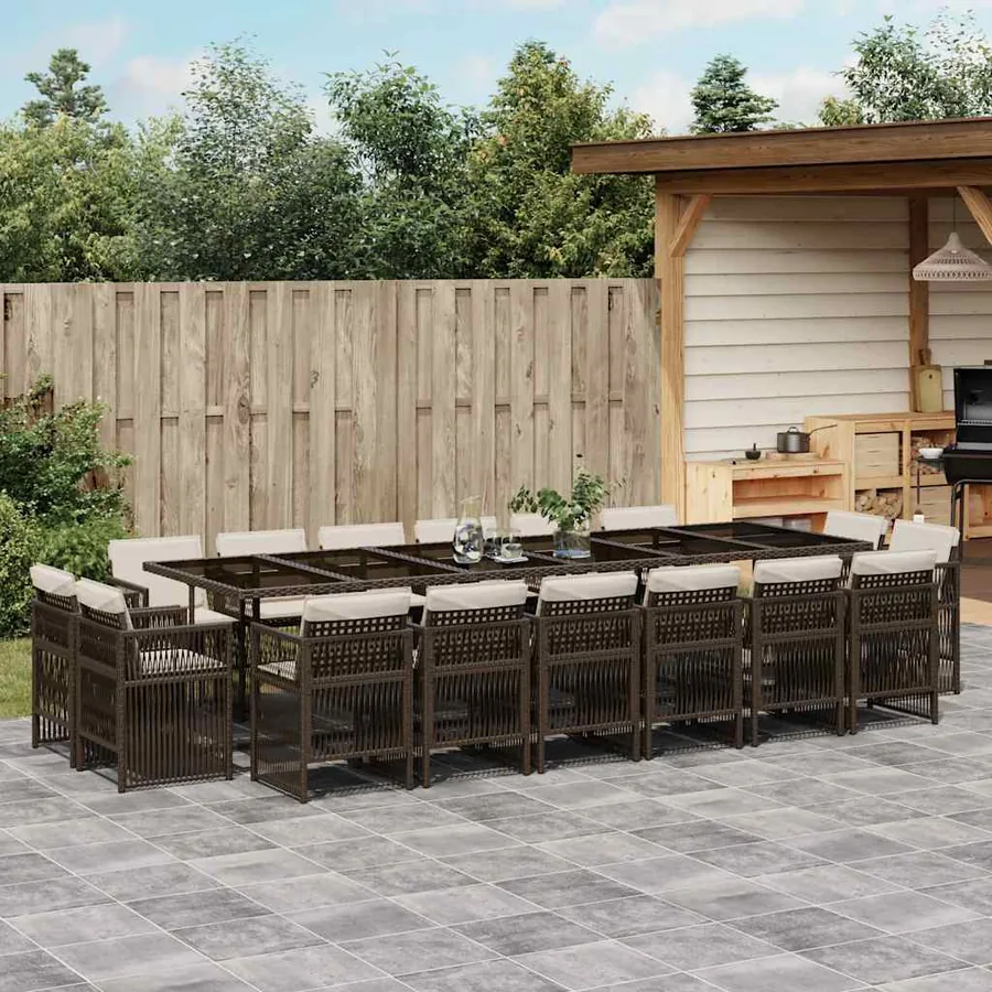 Ensemble à manger de jardin et coussins 17 pcs marron rotin