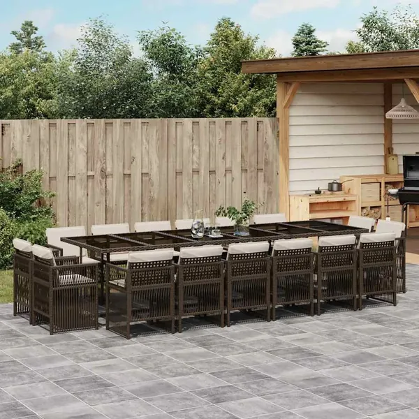 Ensemble à manger de jardin et coussins 17 pcs marron rotin