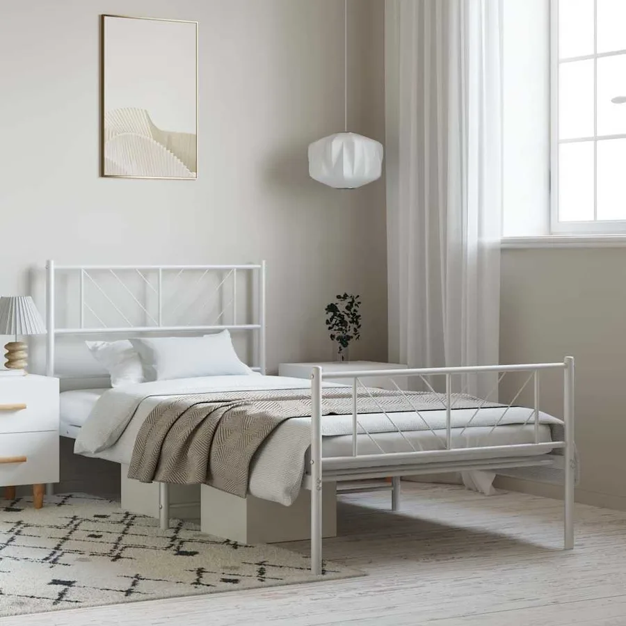Cadre de lit métal sans matelas et pied de lit blanc 100x190 cm - 3