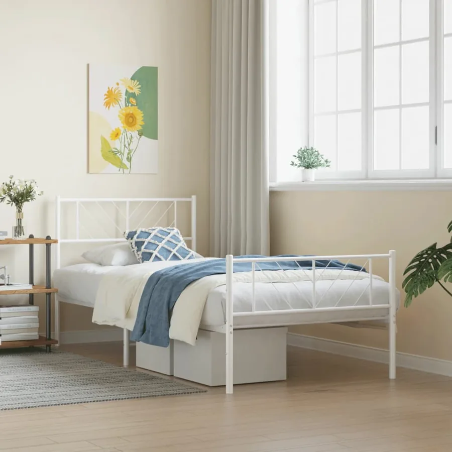 Cadre de lit métal sans matelas et pied de lit blanc 107x203 cm