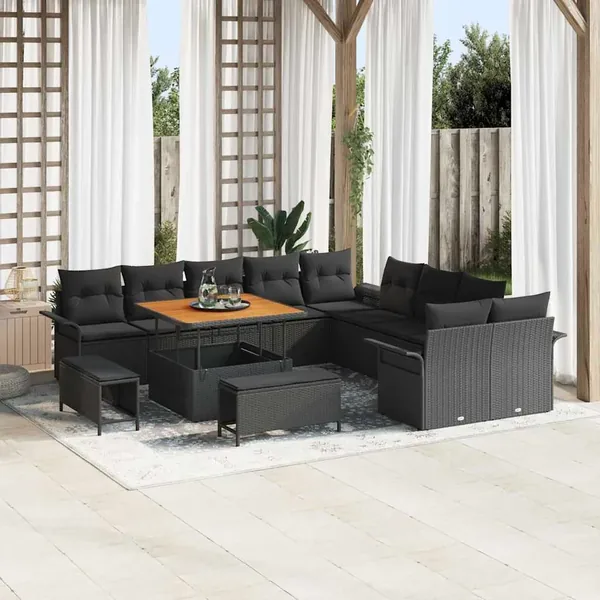 Ensemble de canapé de jardin avec coussin 13 pcs Noir polyrotin
