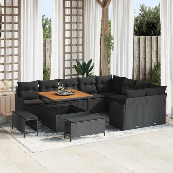 Ensemble de canapé de jardin avec coussin 12 pcs Noir polyrotin