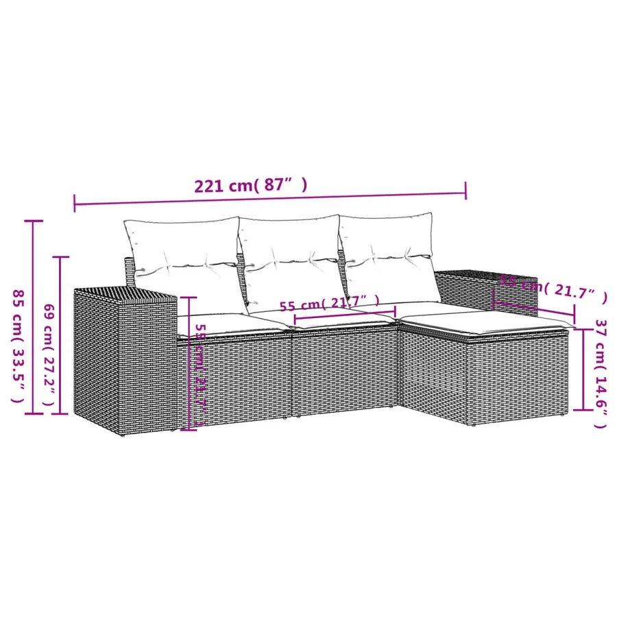 Ensemble de canapé de jardin 4 pcs avec coussins gris résine tressée - 8