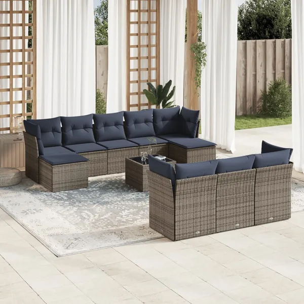 Ensemble de canapé de jardin 11 pcs avec coussins gris résine tressée