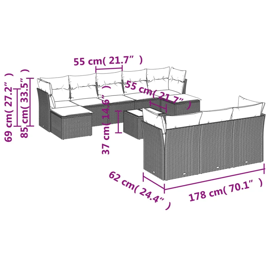 Ensemble de canapé de jardin 11 pcs avec coussins gris résine tressée - 8