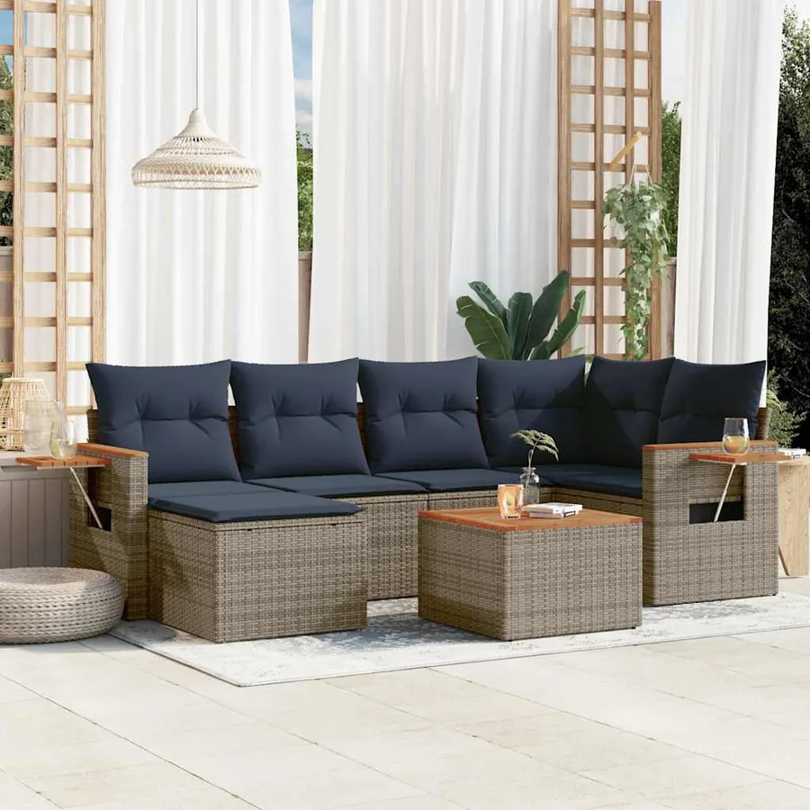 Salon de jardin 7 pcs avec coussins gris résine tressée