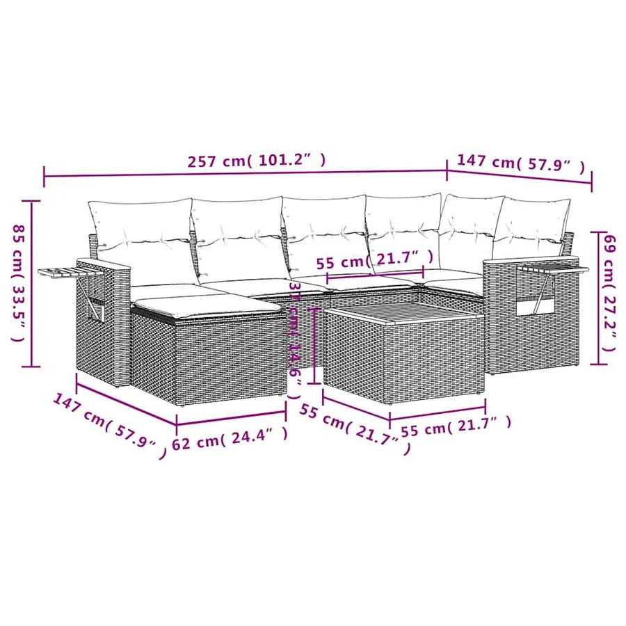 Salon de jardin 7 pcs avec coussins gris résine tressée - 10