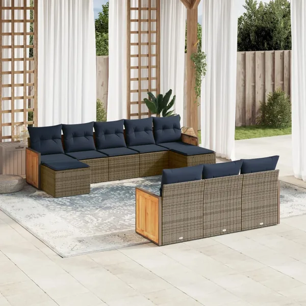 Ensemble de canapé de jardin 10 pcs avec coussins gris résine tressée