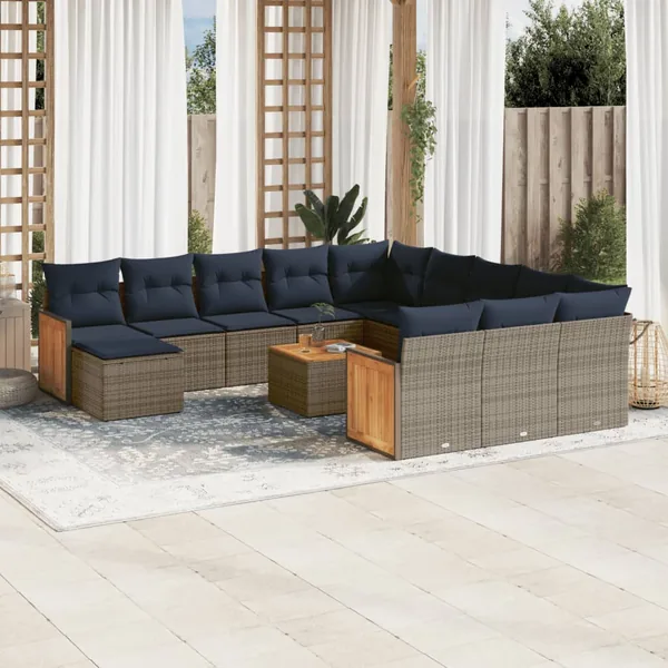 Ensemble de canapé de jardin 13 pcs avec coussins gris résine tressée