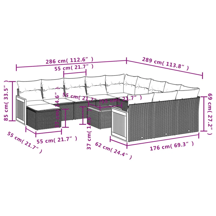 Ensemble de canapé de jardin 13 pcs avec coussins gris résine tressée - 9