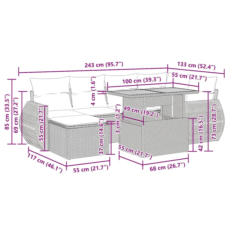Salon de jardin avec coussins 7 pcs gris résine tressée - 16