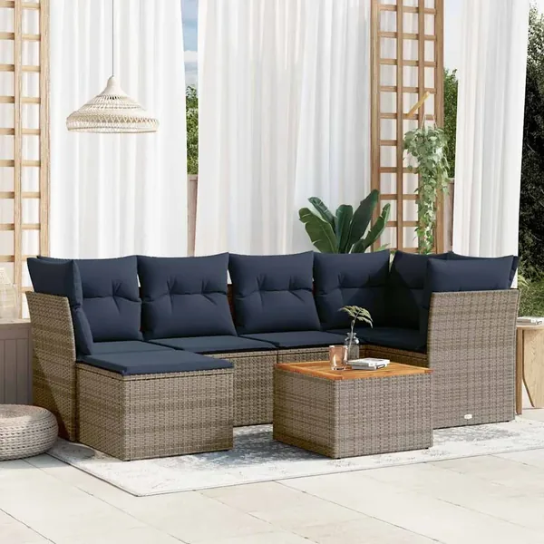 Ensemble de canapé de jardin 7 pcs avec coussins gris résine tressée